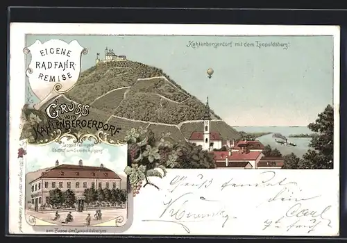 Lithographie Wien, Kahlenbergerdorf, Gasthof zum Sonnen-Aufgang L. Fellinger, Ortsansicht mit Leopoldsberg