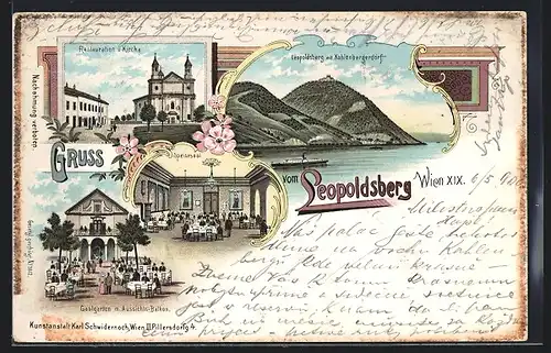 Lithographie Wien, Kahlenbergerdorf, Gasthaus auf dem Leopoldsberg mit Kirche, Gastgarten, Speisesaal, Ortsansicht