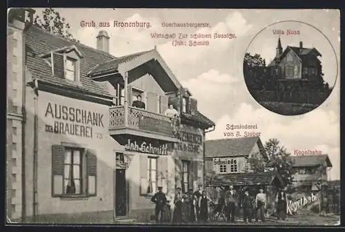 AK Strassburg-Kronenburg, Gasthaus zur schönen Aussicht Schmitt, Schmiede und Kegelbahn, Oberhausbergerstr., Villa Nuss