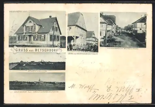 AK Betschdorf, Hotel zum goldenen Adler E. Wolff, Bahnhofhotel Ebel, Fabrik Zellerscher Holzplatten Buchert, Panorama