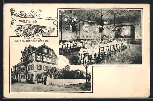 AK Wolfisheim, Hotel Tramway Henriette Heymann mit Strasse und Saal