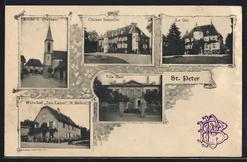 Passepartout-AK St. Peter, Gasthaus zum Lamm M. Siebert, Le Gité, Villa Haas, Chateau Ittenviller