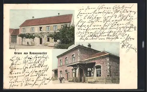AK Romansweiler, Gasthaus zum Bahnhof, Bahnhof mit Schaffner
