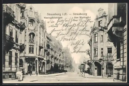 AK Strassburg i. E., Partie in der Manteuffelstrasse mit Kreuzung
