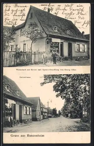 AK Runzenheim, Gasthaus Wirtschaft zur Krone / Spezereihandlung G. Höhn, Strassenpartie