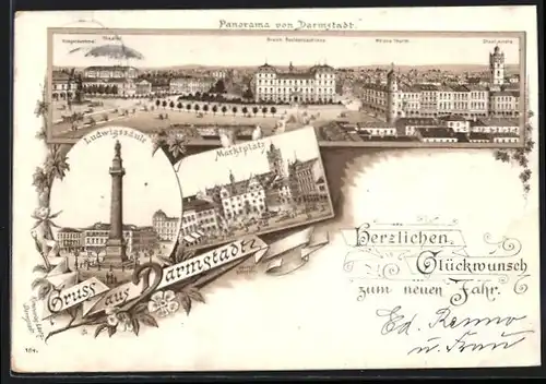 Vorläufer-Lithographie Darmstadt, 1893, Residenzschloss und Theater, Ludwigssäule, Marktplatz