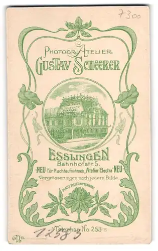 Fotografie Gustav Scheerer, Esslingen, Bahnhofstr. 5, Ansicht Esslingen, Ateliersgebäude mit Werbeaufschrift, Jugendstil