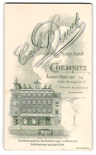 Fotografie Carl Donat, Chemnitz, äuss. Klosterstr. 34, Ansicht Chemnitz, Strassenbahn vor dem Ateliersgebäude mit Werbung