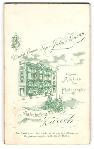 Fotografie Julius Brann, Zürich, Bahnhofstr. 75, Ansicht Zürich, Blick auf das Ateliersgebäude, Monogramm des Fotografen