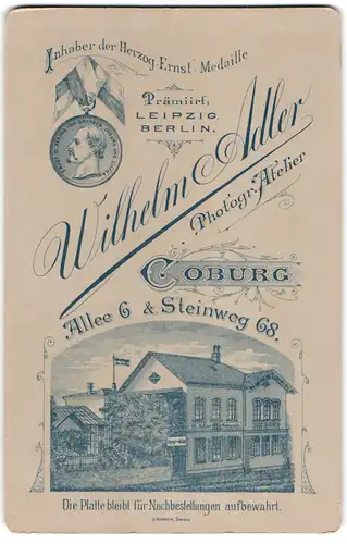 Fotografie Wilhelm Adler, Coburg, Allee 6, Ansicht Coburg, Blick auf das Ateliersgebäude, Medaille Ernst II. v. Sachsen