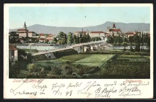 AK Leitmeritz / Litomerice, Panorama mit Brücke zur Stadt