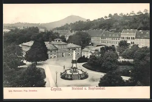 AK Teplitz Schönau / Teplice, Ortsansicht mit Denkmal