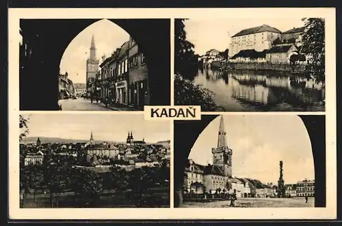 AK Kaaden / Kadan, Flusspartie, Totalansicht, Rathaus