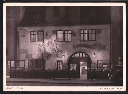 AK Saalfeld /Thür., Hotel Loch am Abend, Mauxion-Hotels Roterhirsch am Markt und Autoheim in der Brudergasse