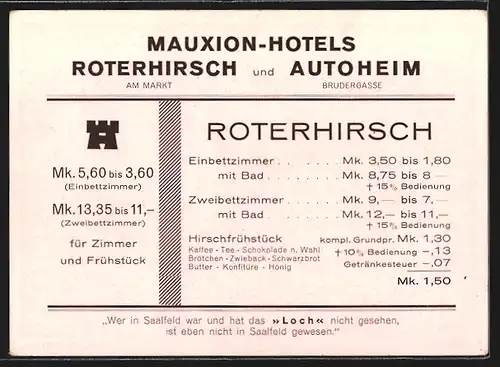 AK Saalfeld /Thür., Hotel Loch am Abend, Mauxion-Hotels Roterhirsch am Markt und Autoheim in der Brudergasse