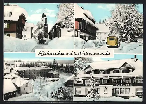 AK Höchenschwand im Schwarzwald, Hotel Krone, Geschäft von Karl Maier und Kirche im Schnee