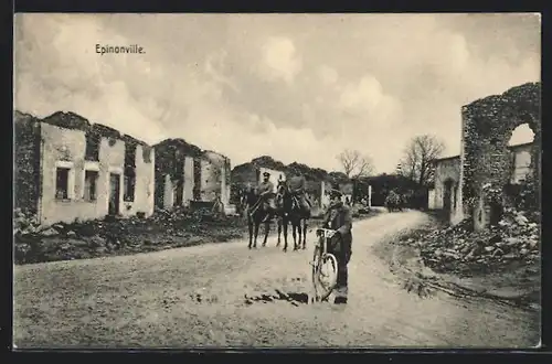AK Epinonville, Ortspartie mit zerstörten Häusern