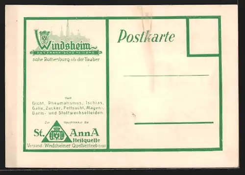 AK Bad Windsheim, Windsheimer Quellvertrieb GmbH, Tafelwasser der St. Anna Heilquelle, Teilansicht mit Kirche, Wappen
