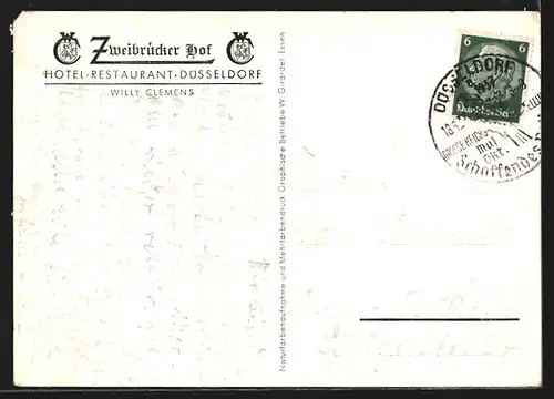 AK Düsseldorf, Hotel-Restaurant Zweibrücker Hof, Innenansicht