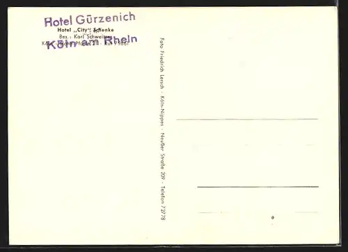 AK Köln am Rhein, Hotel City Schenke, Hohe Pforte 21, Innenansicht