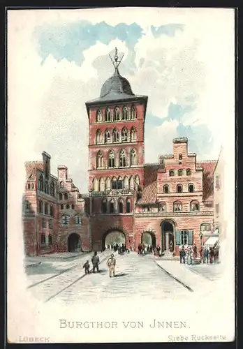 Künstler-AK Lübeck, Burgtor von Innen, Reklame für Hoffmann`s Stärke