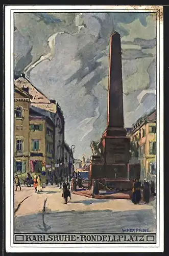 Künstler-AK sign.W. Hempfing: Karlsruhe, Strassenpartie am Rondellplatz