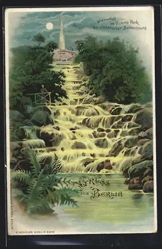 Lithographie Berlin-Kreuzberg, Wasserfall im Victoria Park bei elektrischer Beleuchtung