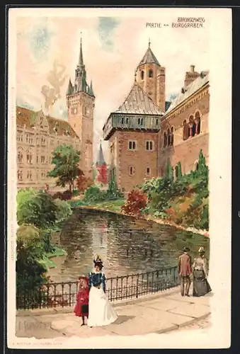 Lithographie Braunschweig, Burggraben mit Kirche und Passanten