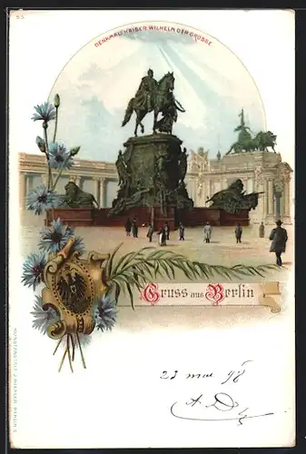 Lithographie Berlin, Partie am Denkmal Kaiser Wilhelm der Grosse