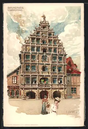 Künstler-AK Braunschweig, Gewandhaus mit Strasse