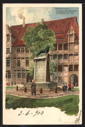 Künstler-AK Braunschweig, Burgplatz mit Löwendenkmal und Huneborstelschem Haus