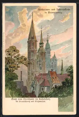 Lithographie Braunschweig, Blick zur Katharinen- und Andreaskirche