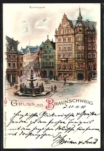 Lithographie Braunschweig, Kohlmarkt mit Brunnen