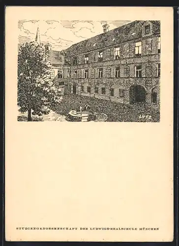 Künstler-AK München, Studiengenossenschaft der Ludwigs-Realschule, Damenstiftstrasse 2