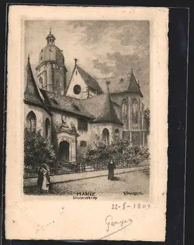 Künstler-AK Mainz, Stephanskirche mit Nonne, Strassenansicht