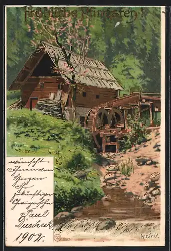 Künstler-AK Alfred Mailick: Landschaft an einer Wassermühle
