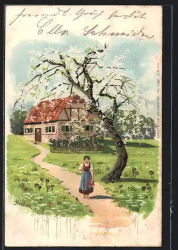 Künstler-AK Alfred Mailick: Frau in Landschaft mit Haus bei Baumblüte, Pfingstgruss