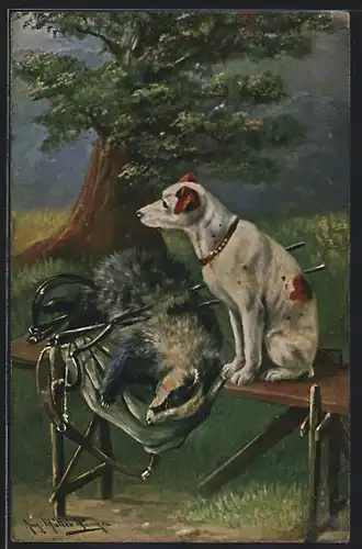 Künstler-AK August Müller - München: Jagdhund mit erlegtem Dachs