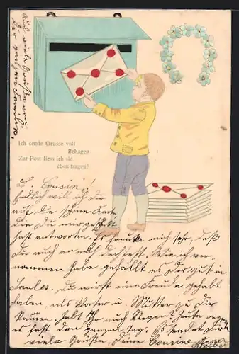 Künstler-AK Kleiner Briefträger wirft Briefe ein