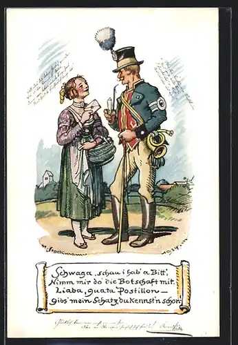 AK Fräulein mit Brief für den Postboten