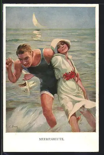 AK Paar am Strand in Bademode, Meeresbeute