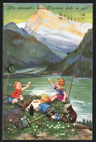 AK Kinder machen ein Picknick an einem See, Wandern