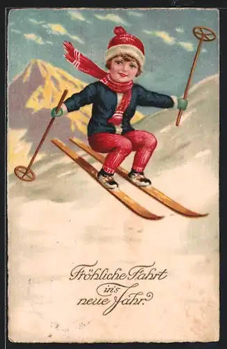 AK Kind springt mit Ski bei Abfahrt