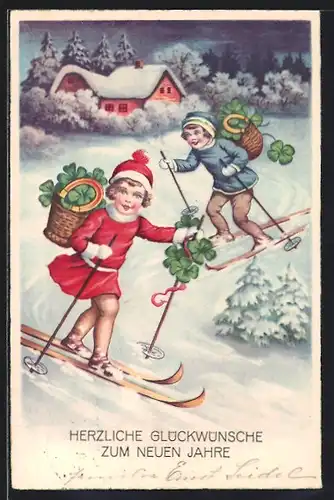 Künstler-AK Kinder verteilen Glücksklee beim Skilaufen