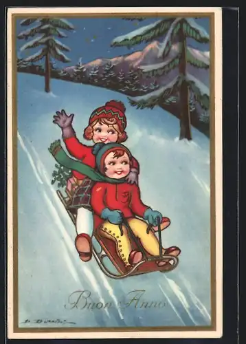 Künstler-AK Kleines Pärchen fährt auf Schlitten den Berg hinab