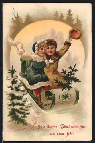 AK Kinderpaar auf einem Schlitten, Neujahrsgruss