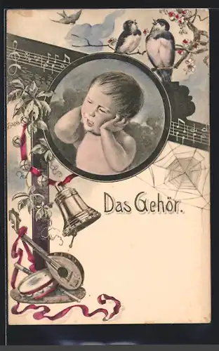 Künstler-AK Das Gehör, Kleinkind mit Ohrenschmerzen