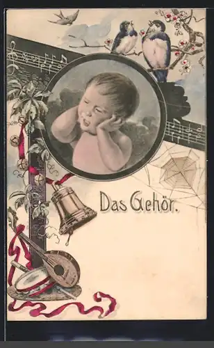 Künstler-AK Das Gehör, Kleinkind hält sich die Ohren zu