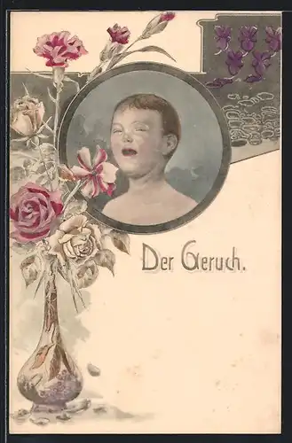 Künstler-AK Der Geruch, Kind riecht an Blumenstrauss