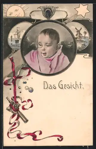 Künstler-AK Das Gesicht, Kind mit Monokel schaut in die Ferne